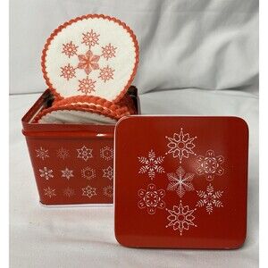 80s Christmas 1985 Interpur 40) Paper Coaster Set Red Tin Box Snowflake Design